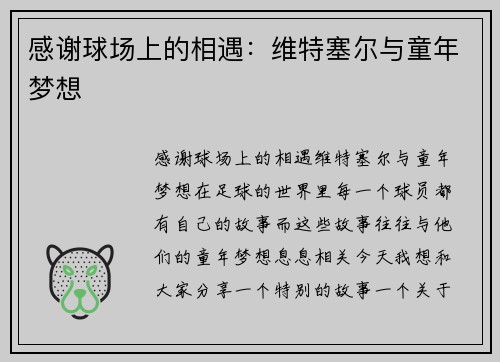 感谢球场上的相遇：维特塞尔与童年梦想